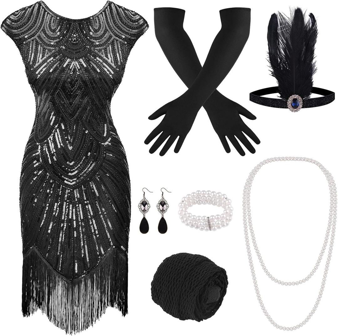 PLULON 1920s Dresses for Women, Sequin Fringed Gatsby Flapper Cocktail Dresses with 20s Accessories Set, Roaring 20s Costumes (Black, XL)
