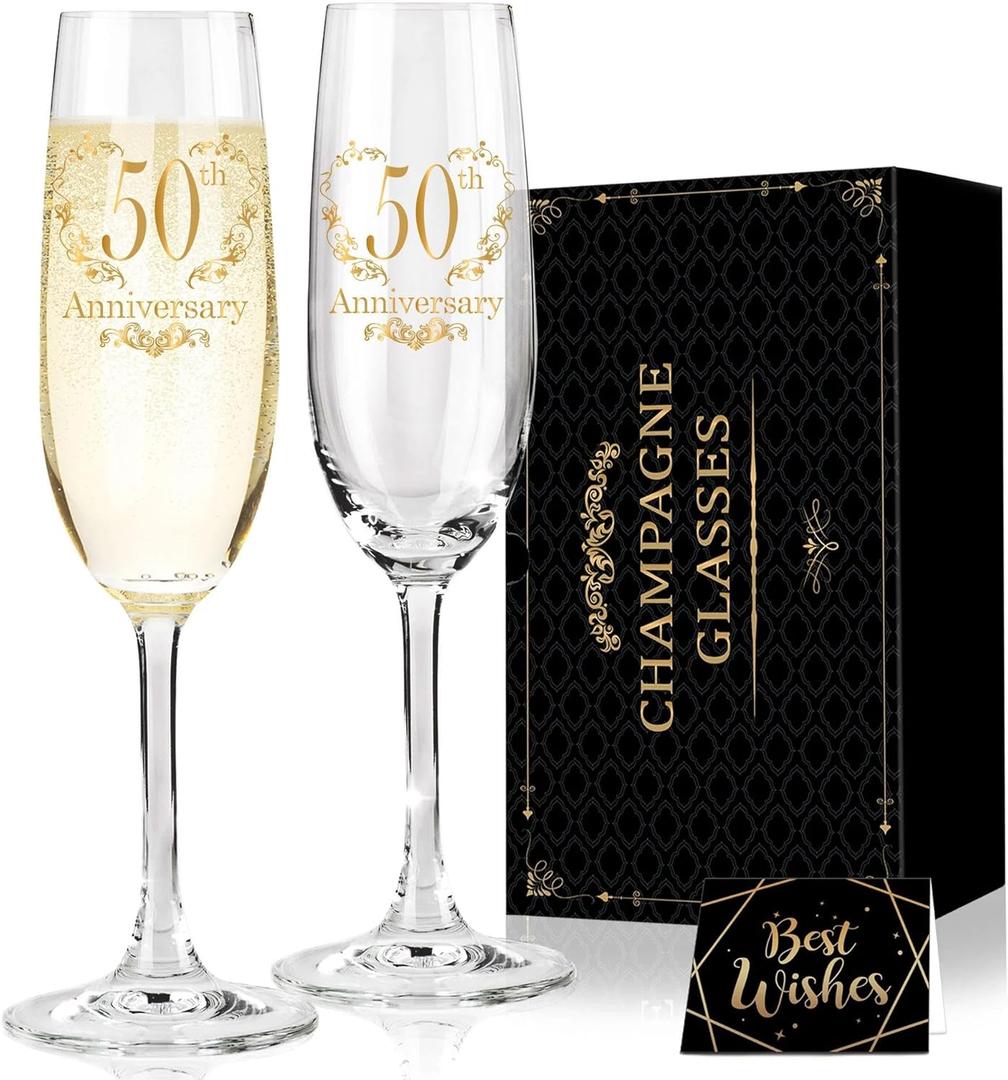 Hexagram 50th Wedding Anniversary Champagne Flutes Gifts, 50th Anniversary Couple Gifts, Anniversary's Wedding Gift for Parents, 50 Year Anniversary's Decorations Champagne Glasses Set of 2