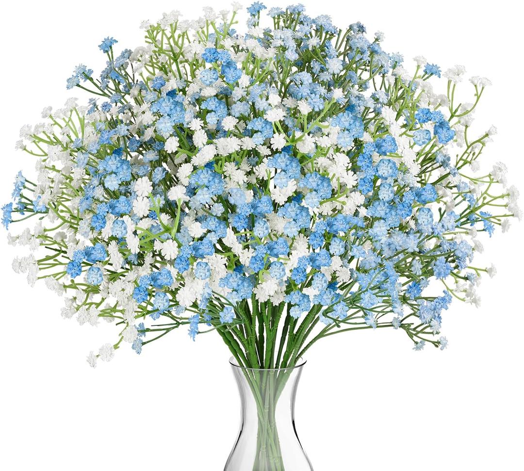 N&T NIETING Babys Breath Artificial Flowers Bulk, 10Pcs Fake Gypsophila Bouquet Flowers Real Touch Faux Babies Breath Arrangement for Wedding Floral Party Home Centerpieces Vase Decoration, Blue White
