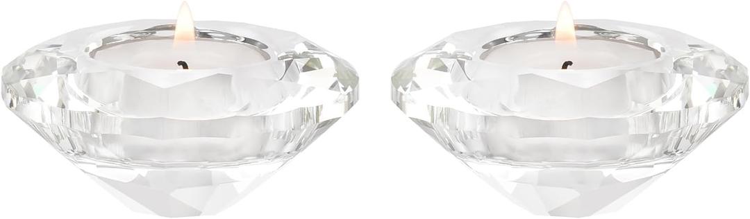 Crystal Tealight Candle Holders Pack of 2, Small Round Votive Clear Diamond Shaped Tea Light Candle Stands for Wedding Table Centerpieces Living Room Decors