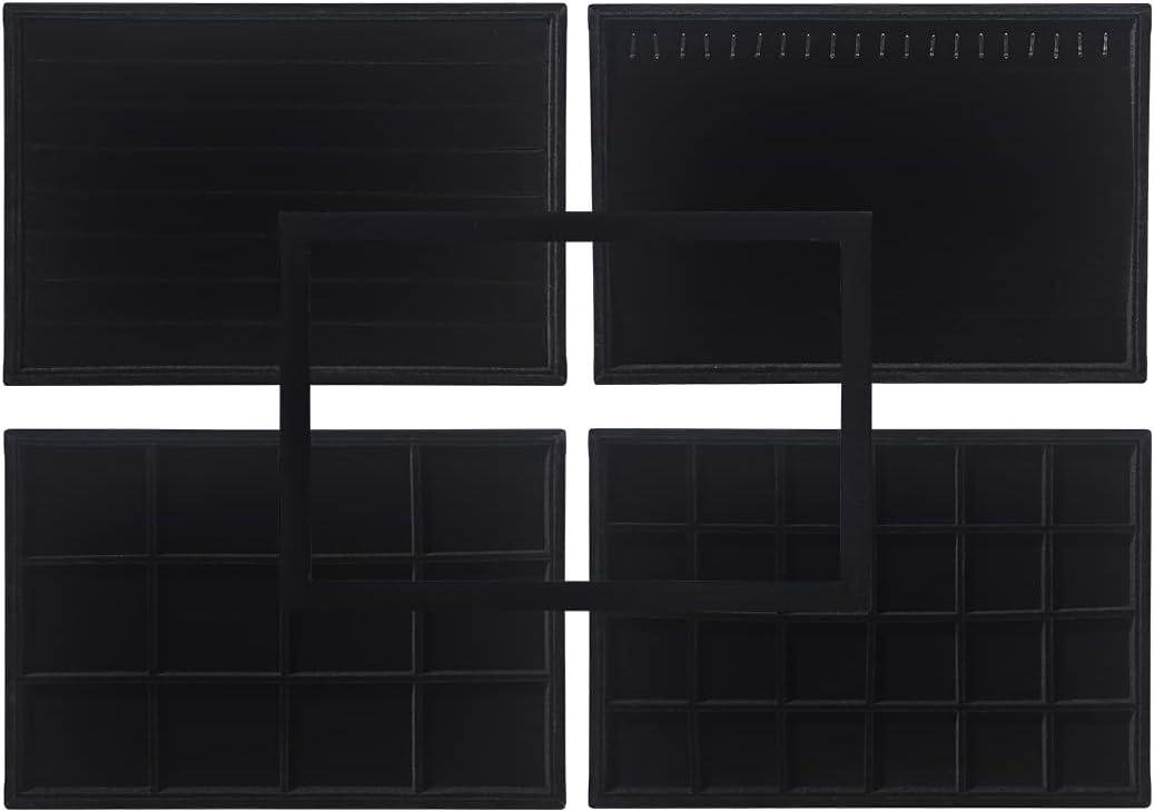 Coward Set of 5 Stackable Jewelry Organizer Tray Necklace Earring Box Storage Ring Bracelet Display Holder (Black(ring+necklace+earring+12grid)) (Ring+Necklace+12Girds+24Girds+Lid, Black Velvet)