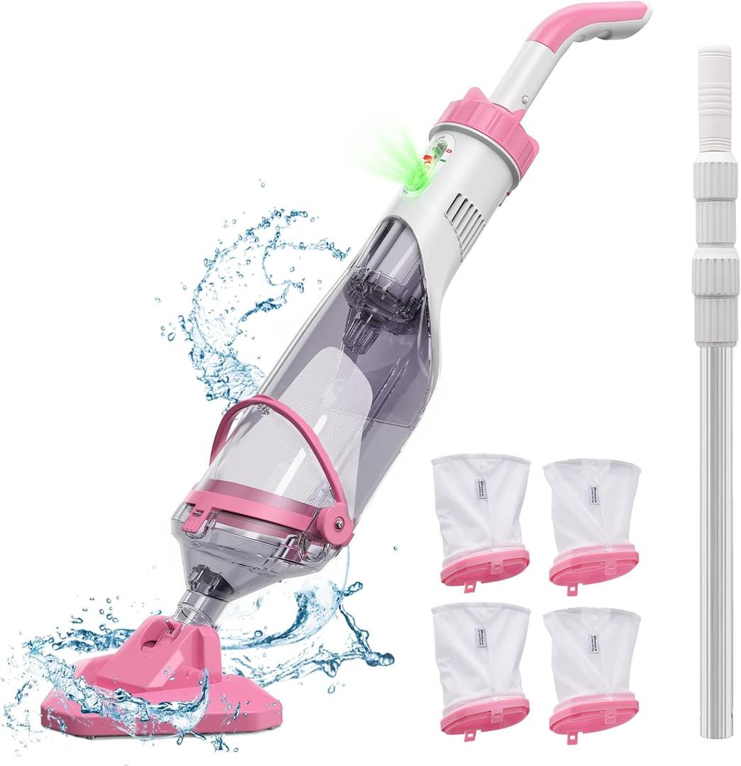 Pool Vacuum for Above Ground Pool with a Telescopic Pole, Running time up to 1H, T403 Handheld Rechargeable Pool Cleaner with Powerful Suction up to 18.5 gallons/min, Ideal for Leaves, Debris (Pink)