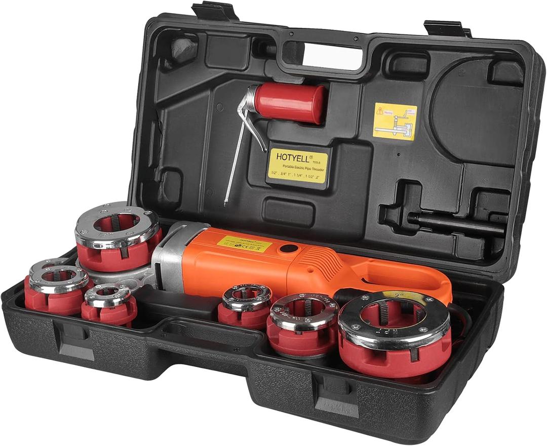 Electric Pipe Threader, Upgraded Pipe Threading Machine Uses Pure Copper Motor, Portable Handheld NPT Threader Kit with 6 HSS Dies 1/2"-2"