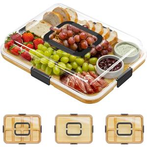 SpaceAid Charcuterie Board with Clear Lid, Portable Travel Cheese Cutting Boards for Picnic Accessories, Bamboo Serving Tray with Lids, House Warming Gifts, Black Handles, 1 Compartments