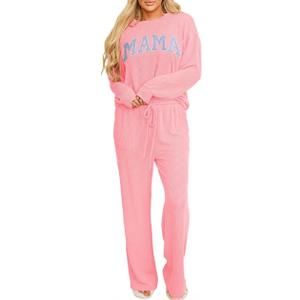 Opemiby Women Pajamas Set Loungewear Ribbed Long Sleeve Top and Pants with Pockets Lounge Pj Set Sleepwear (Small, Pink Mama)