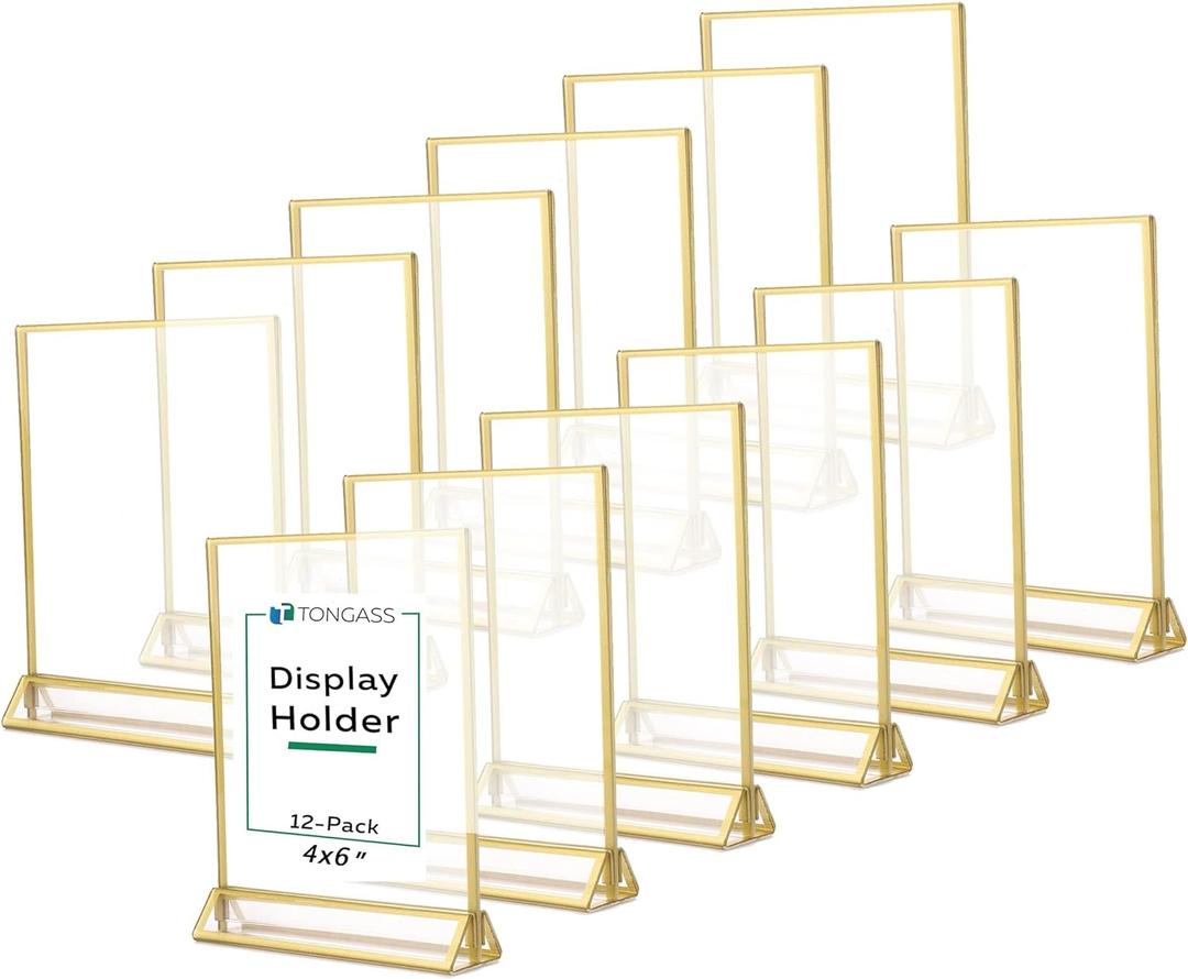 TonGass (12-Pack) 4x6 Standard Double-Sided Acrylic Wedding Table Numbers Picture Frames, Clear Sign Holders with 3mm Gold Border & Vertical Stand