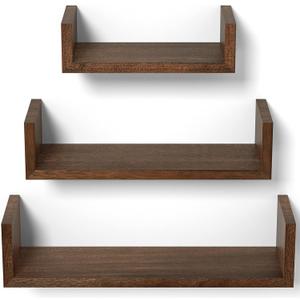 SRIWATANA Floating Shelves Wall Mounted, Solid Wood Wall Shelves Set of 3, Dark Brown