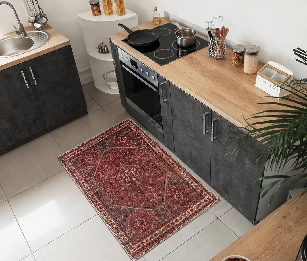 Keen Home Design 2x3 Rug - Machine Washable Entry Rug with Non-Slip Backing, Ideal for Enteryway, Kitchen, Bathroom, Laundry Room - Vintage, Easy Clean, Durable, Low Pile Rug - (2' x 3') (Red/Brown)