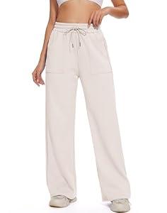 M MOTEEPI Womens Fleece Wide Leg Sweatpants Baggy High Waisted Winter Sweats Pants Straight Legs Athletic Pants with Pockets Apricot, Large