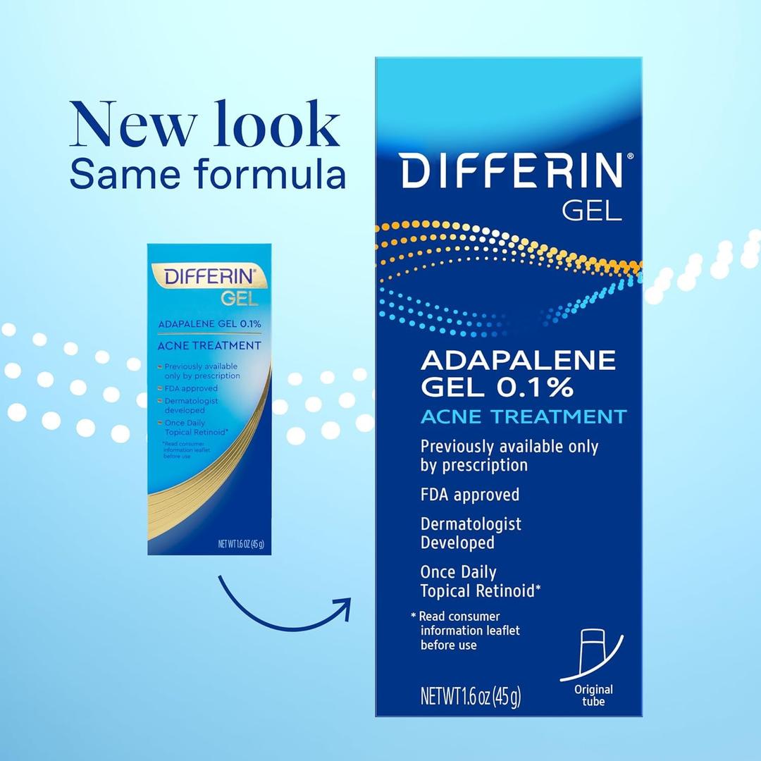 Differin Acne Treatment Gel, 180 Day Supply, Retinoid Treatment for Face with 0.1% Adapalene, Gentle Skin Care for Acne Prone Sensitive Skin, 45g Tube, Pack of 1 (Packaging May Vary) EXP 2028/03