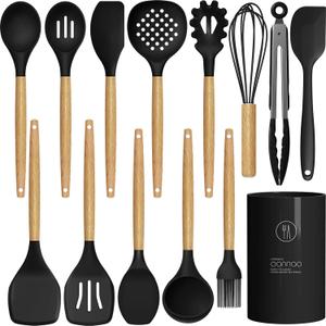 oannao Silicone Cooking Utensils Set - 446°F Heat Resistant Silicone Kitchen Utensils for Cooking,Kitchen Utensil Spatula Set w Wooden Handles, BPA FREE Gadgets for Non-Stick Cookware (Black)