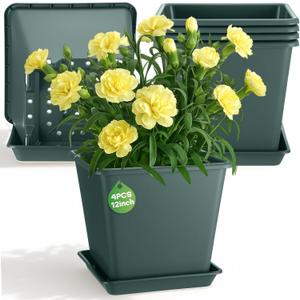 4 Set Large Square Plastic Planter with Drainage & Saucer, 12" Outdoor & Indoor Plant Pots with Drainage Holes, Garden Thick Plastic Pots Container, Uv-Resistant (12",Square,Gallon Green)