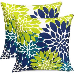Decorative Throw Pillow Covers Set of 2 Blue Green Pillow Covers 18x18 inch Throw Pillows Linen Square Pillow Case, Farmhouse Outdoor Floral Flower Pillow Covers for Couch Sofa Living Room
