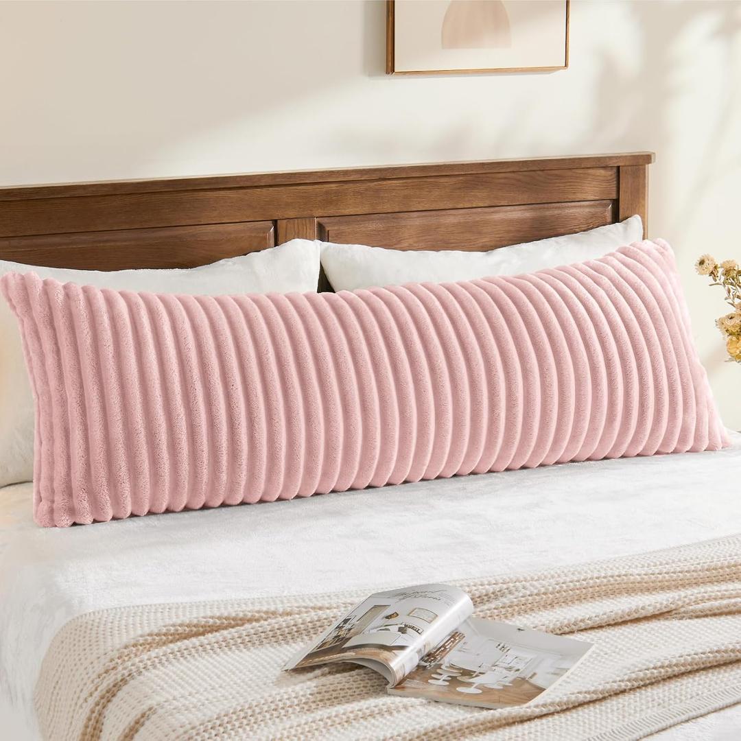 BEDELITE Fluffy Faux Fur Body Pillow Cover with Zipper, Luxury Plush 3D Striped Pillow Cover 20x54 Inches, Super Soft and Cozy Long Body Pillow Pillowcase for Bed Sofa Couch Room Decor(Pink)