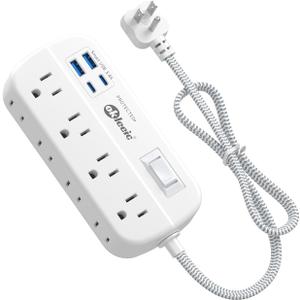 Short Extension Cord 2 Foot - Power Strip Flat Plug Surge Protetor with 8 Outlets 4 USB (2 USB C) Charging Ports, Multi Plug Wall Outlet Splitter for Kitchen Bathroom Hotel Office Desktop Accessories