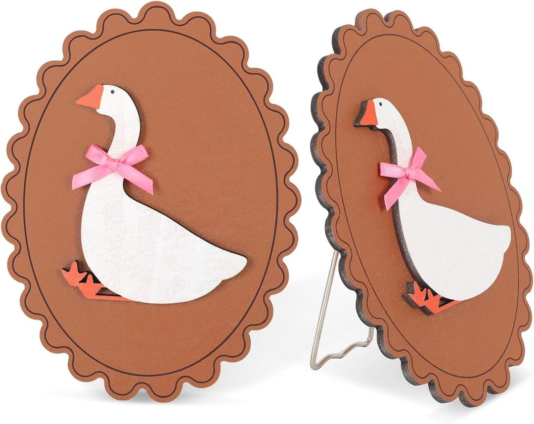 2Pack 3D Wooden Goose Wall Decor 5.91x7.87in With Stand, Goose Nursery Decor With Hook Vintage One Silly Goose Wall Art With Real Pink Bow Boho Silly Goose Decor For Kids Room For Bedroom Decors