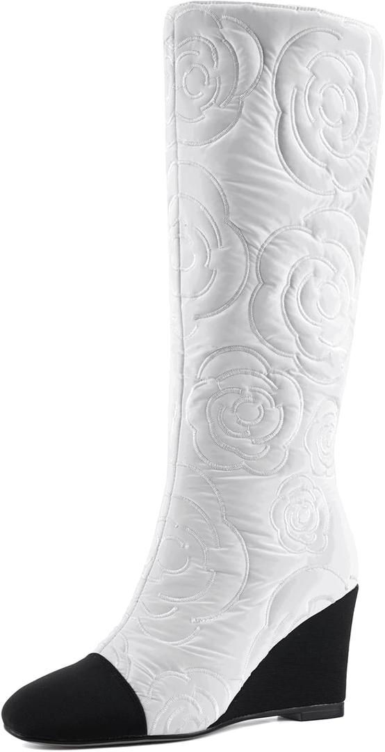 Women's Knee High Wedge Boots, Lightweight Fabric Dress Boots with Round Toe and Side Zipper, Fashion Color Block Design, Comfortable Wedge Heel Boots for Casual, Work, Party (White, M)