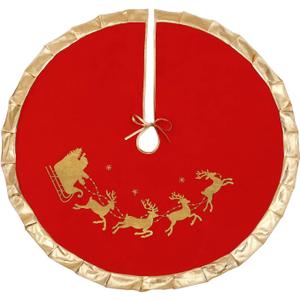 Red Christmas Tree Skirt with Gold Rim 48",Flannelette Santa Reindeer Xmas Party Holiday Decorations for 7Ft/7.5Ft/8Ft Christmas Tree (Red, 48")
