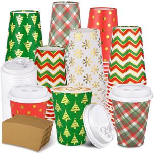 300 Pcs/100 Sets Christmas Coffee Cups with Lids and Sleeves 12 oz Disposable Christmas Paper Cups Party Drinking Cups for Hot and Cold Drinks Chocolate Coffee Tea Beverage Bar Supplies (Shiny)