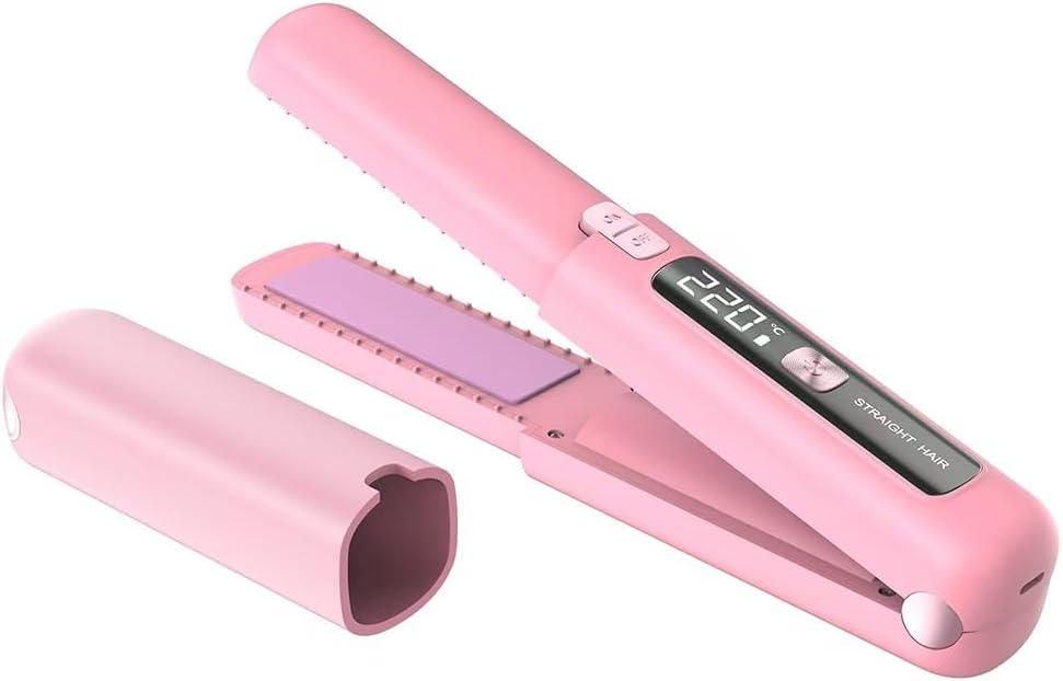 Cordless Hair Straightener and Curler 2 in 1 Mini Lightweight and Small USB Rechargeable with 4500mAh Battery 10s Fast Heating Portable Ceramic Flat Iron for Travel (Pink)