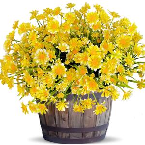 8 Bundles Artificial Daisy Flowers for Outdoors Fall Summer Decor, Fake Mums UV Resistant Faux Cemetery Flowers Plastic Greenery Shrub Fake Artificial Plants Outside Home Gardens Porch Planter(Yellow)