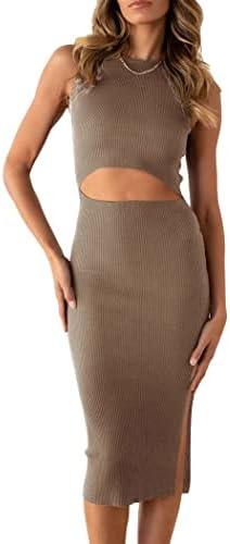 PRETTYGARDEN Women's Summer Midi Bodycon Dresses Casual Crew Neck Side Slit Sleeveless Knit Cut Out Tank Top Dress, S, Camel