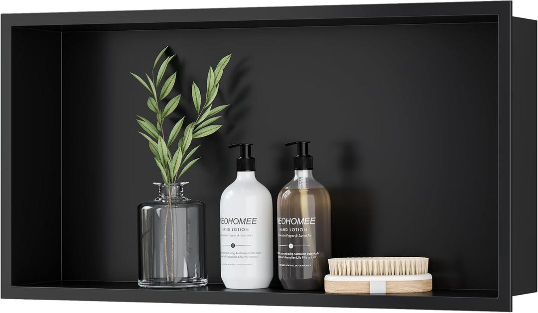 Neodrain Shower Niche, Insert Bathroom Storage Shower Shelf, Stainless Steel Recessed Wall Niche No Tiled Recessed Cabinet Waterproof for Shower Storage(Matte Black,24"x12"), 24X12In