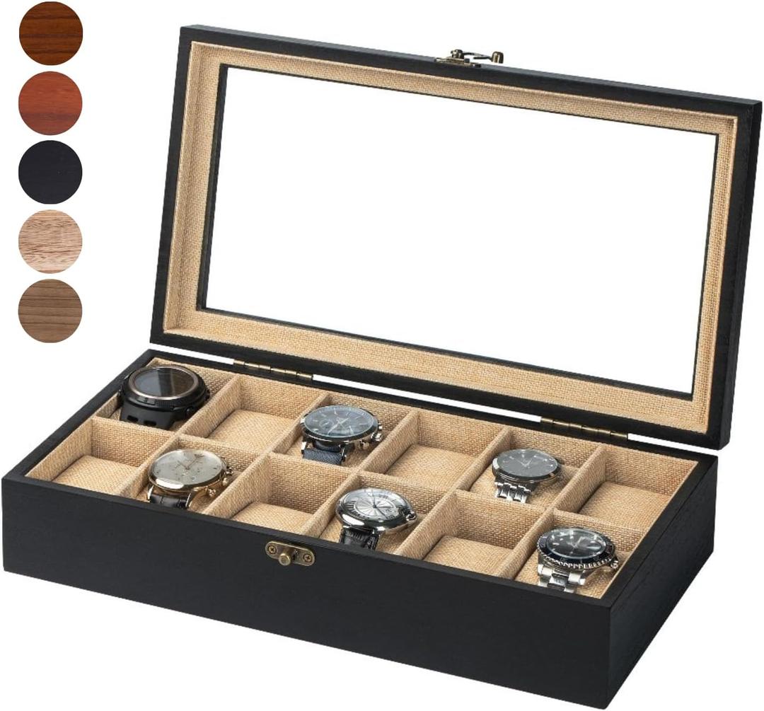Watch Box, Watch Case for Men Women with Large Glass Lid, Wooden Watch Display Storage Box with 12 - Slots, Charcoal Black Mens Watch Box Organizer