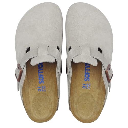 SOFTYOHO Clogs for Women Men, Mules with Arch Support and Adjustable Buckle, Suede Leather Cork Footbed Potato Shoes(Taupe,41)