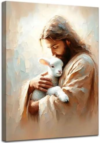 Jesus and Lamb Canvas Wall Art Jesus Saves the lost lamb Wall Decor Pictures Christian Lamb of God Painting Posters Prints for Dining Living Room Kitchen Wall Bedroom Decoration 16x24