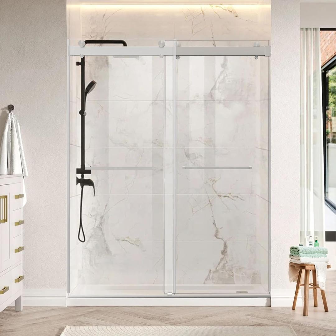 68-72" W x 79" H Shower Door,Frameless Shower Door,Double Sliding Glass with 5/16"(8mm) Clear SGCC Tempered,Soft-Close Quiet System,Explosion-Proof Film, Stainless Steel Hardware, Brushed Nickel