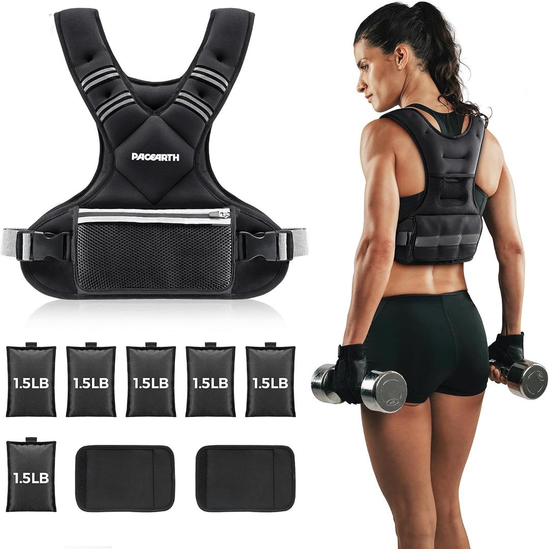 PACEARTH Adjustable Weight Vest 11-20lbs X-Shape Weighted Vest for Women and Men, Home Workout Ironsand Vest with Zipper Pouch and 6 Weight Packs, Gray, Black
