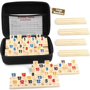 Rummy Cube 8 Player Edition with 8 Wooden Racks/Trays, 214 Large Numbers Rummy Tiles 6-8 Players Set with Zippered Case, Rummy Travel Game Set with 8 Tiles Holders for Family Adults Kids