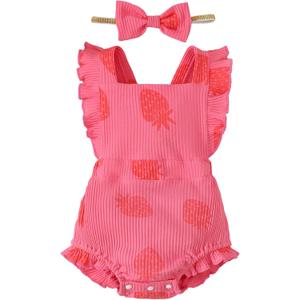Fullfamous Baby Girl Ruffled Jumpsuit and Headband Set (12-18 Months, Pink Strawberry)