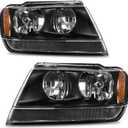 AUTOSAVER88 Headlights Assembly Compatible with 1999-2004 Grand Cherokee Replacement Black Headlight Housing Amber Reflector Pair Set