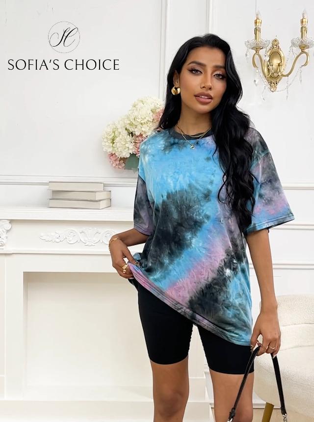 SOFIA'S CHOICE Women Tie Dye Off Shoulder Tops Workout Going Out Long Sleeve Shirts Multicoloured X-Small