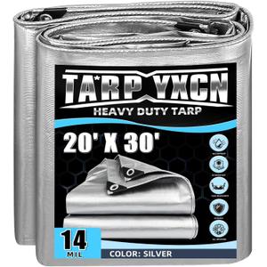 Heavy Duty Tarp 20x30 Feet, 14 Mil Waterproof Poly Tarps Cover UV Resistant, Rip & Tear Proof with Metal Grommets Every 20 Inches Silver Tarp by TA*RP YXCN