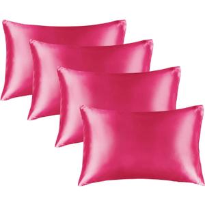 2 x BEDELITE Satin Pillowcase for Hair and Skin, Super Soft Similar to Silk Pillow Cases 4 Pack with Envelope Closure, Cooling Pillowcases for Women Men (20"x40" King Size, Hot Pink)