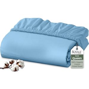 Royale Linens 100% Organic Cotton Fitted Sheet - Percale Weave - Super Soft Deep Pocket Bottom Sheets - Lake Blue Elastic Sheet Queen Size - Queen Fitted Sheets Only - (60"x80"+15", Lake Blue)