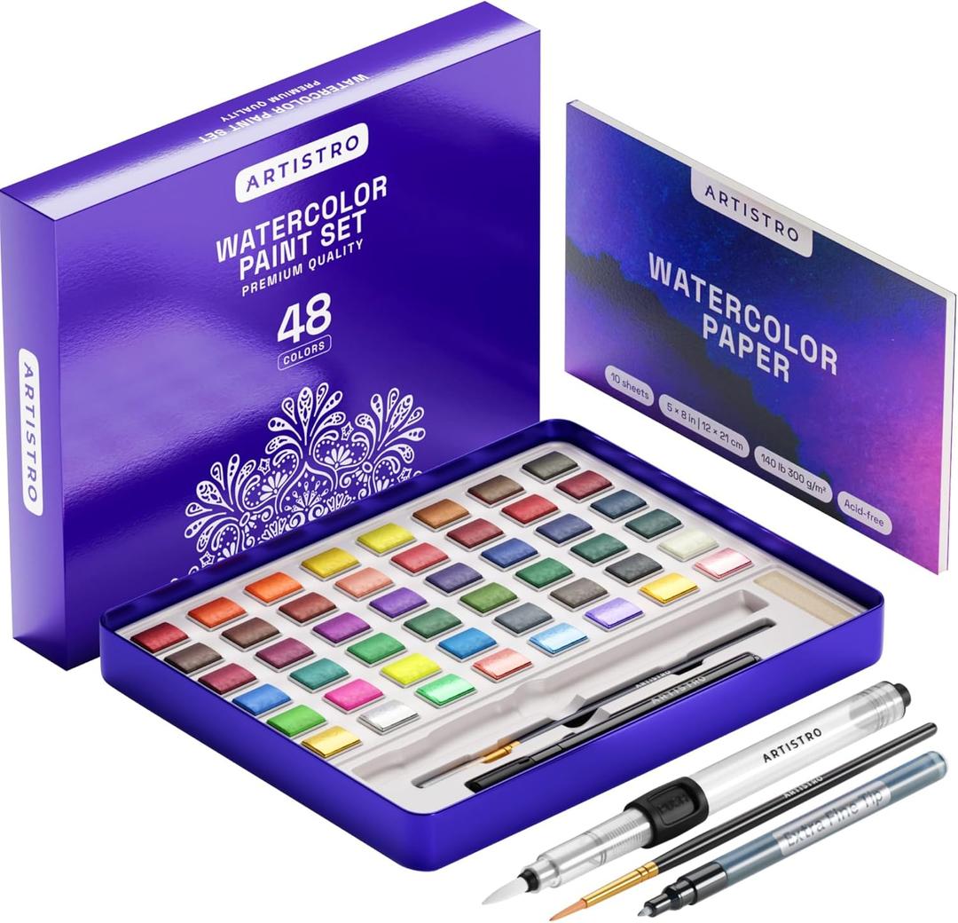 ARTISTRO Watercolor Paint Set, 48 Vivid Colors in Portable Box, Including Metallic and Fluorescent Colors. Perfect Travel Watercolor Set for Artists, Amateur Hobbyists and Painting Lovers (Premium Home) (Multicolor)