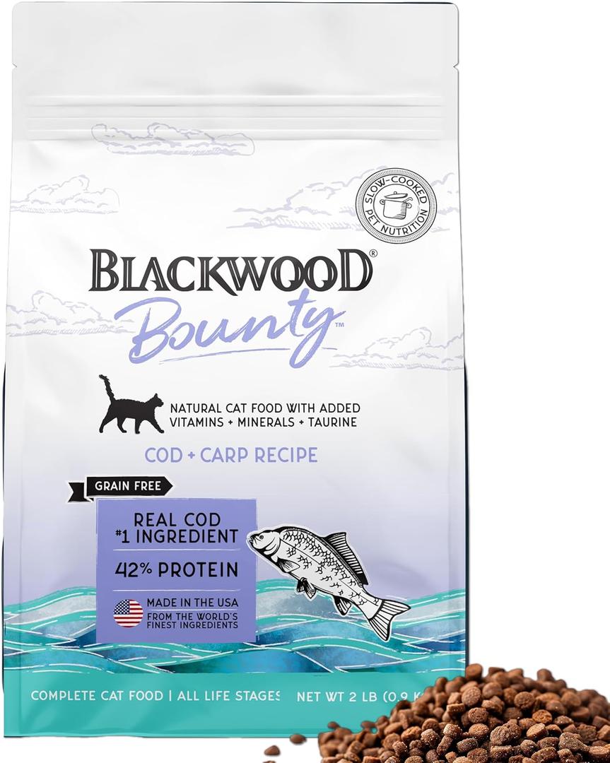 Blackwood Bounty Dry Cat Food, Cod & Carp Recipe for All Life Stages, 2 Pound Bag, High Protein, Grain Free (EXP 10/23/25)