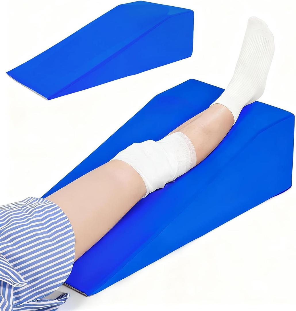 Knee Wedge Pillow | Leg Pillow Elevation Blood Circulation | Leg Elevation Wedge Memory Foam & Machine Washable Cover | Knee Elevation Pillow Post Surgery (Blue)