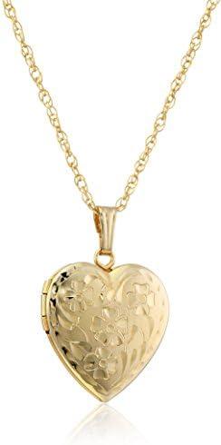 Amazon Essentials 14k Engraved Flowers Heart Locket Necklace, 18"