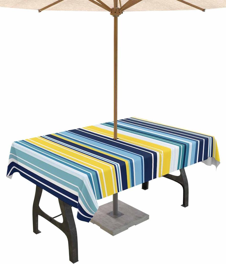 Blue Yellow Teal Stripes Rectangle Outdoor Tablecloth with Umbrella Hole and Zipper, Waterproof Colorful Ombre Table Cloth Cover, Geometric Boho Texture Table Protector for Patio Party Picnic 52"x70"