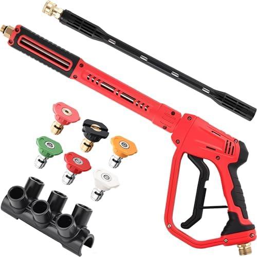 Pressure Washer Gun with 16" Replacement Extension Wand, 6 Nozzle Tips with Nozzle Holder, High Power Washer Spray Gun with M22 Fitting, 1/4" Quick Connect for Foam Cannon Car Wash, 5000 PSI
