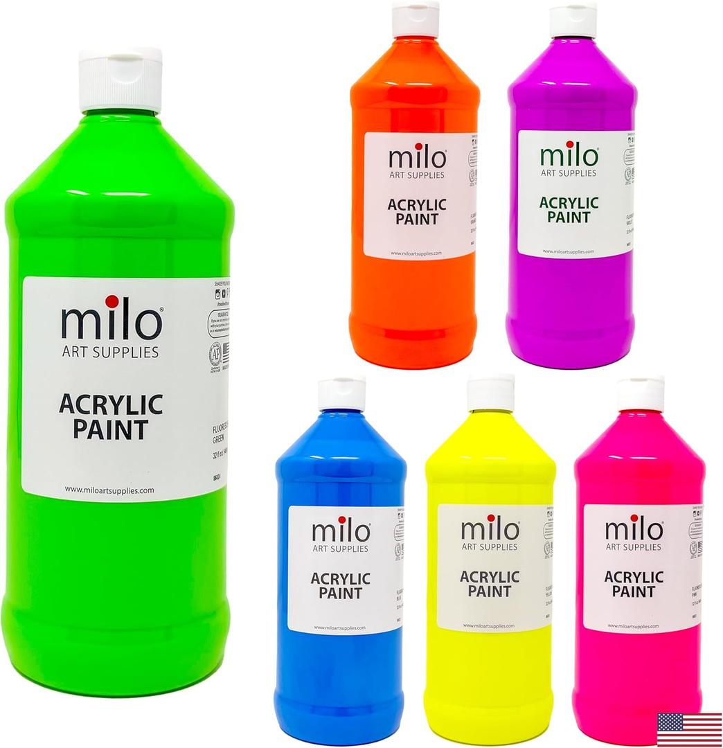 milo Fluorescent Acrylic Paint Set of 6 Colors | 32 oz Bottles| Student Neon Colors Acrylics Painting Pack | Glows UV in Black Light | Non-Toxic Art & Craft Paints for Artists, Kids, & Hobby Painters | Made in USA