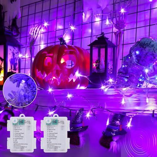 Minetom Christmas String Lights Battery Operated, 2 Pack Total 33FT 100 LED Battery Powered Fairy Lights with Timer,8 Modes,Waterproof String Lights for Outside Indoor Bedroom Decor, Purple