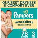 Pampers Swaddlers Diapers, Size 3 (13-26 lbs), 78 Count, Fragrance Free, Hypoallergenic, Absorbent, Pediatrician Recommended, Skin Safe