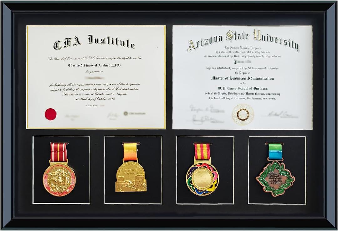 16.93X24.8"Solid Wood Graduation Photo Frame, Double Certificate /Diploma Frame 8.5 x 11", 4 Medal Display Case,glass with acid-free mat,holds two 8.5x11 certificates,degrees, documents and 4 medals.