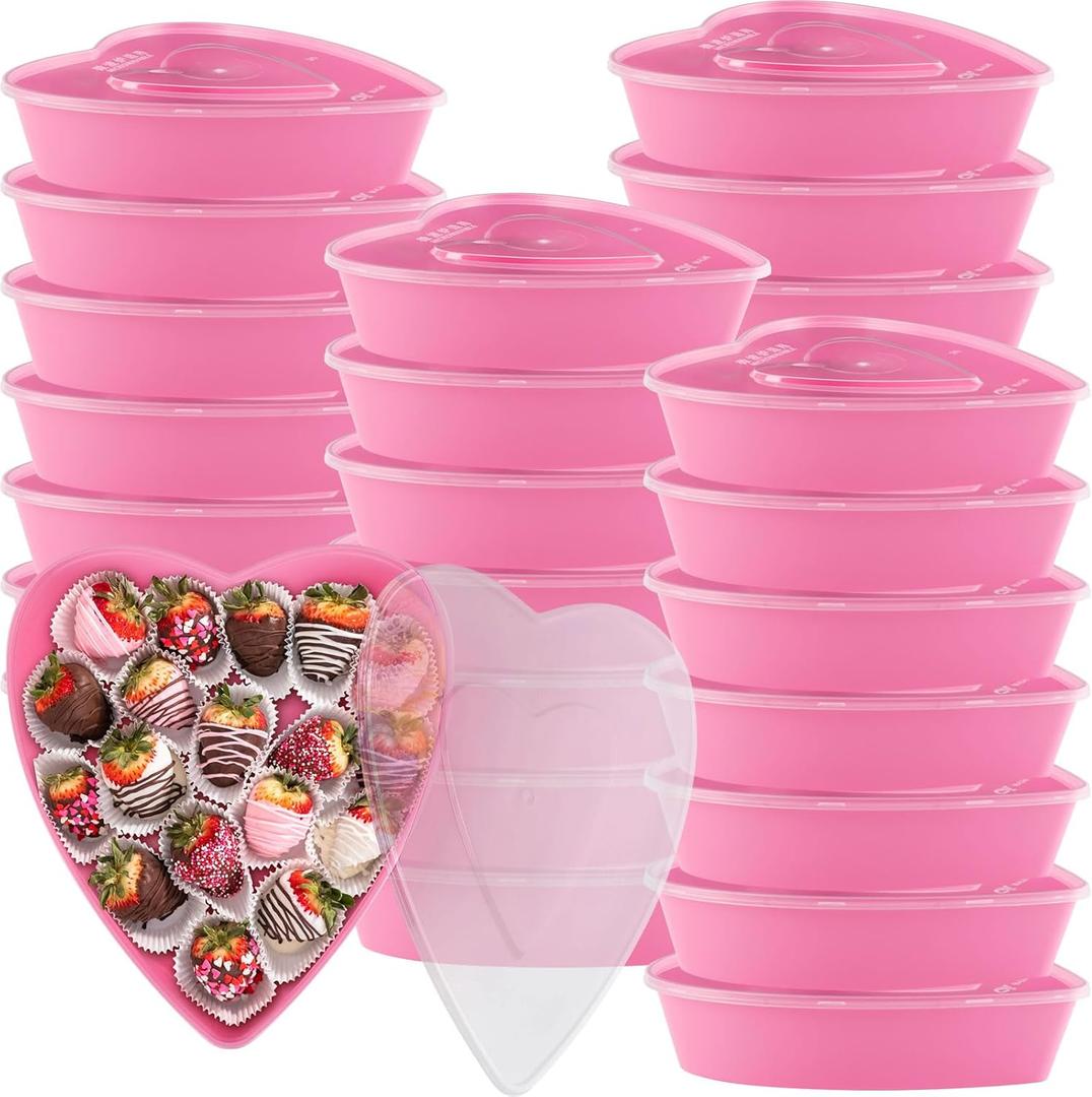Yerliker 24 Pieces Valentines Heart Food Containers with Lids 22 oz / 650 ml Large Heart Shaped Food Containers Plastic Storage Box Reusable Dessert Box for Kitchen Restaurant Fruit Vegetable (Pink)